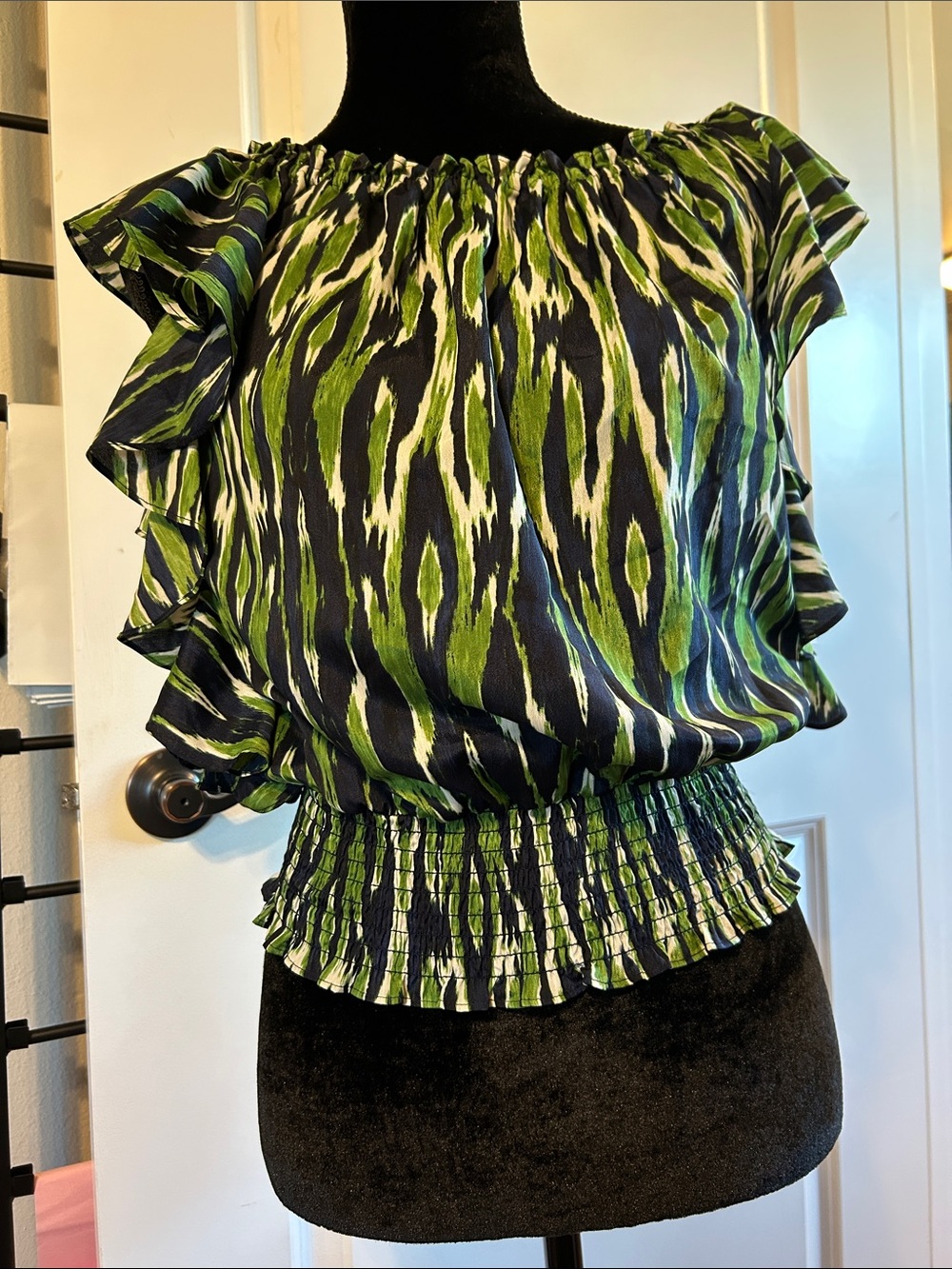 Green Patterned Off-Shoulder Ruffle Top